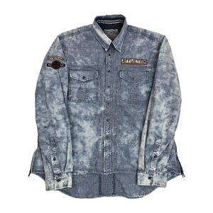 Affliction Shirt Buckle Mens 2XL Denim Acid Wash Western Moto Club Patch